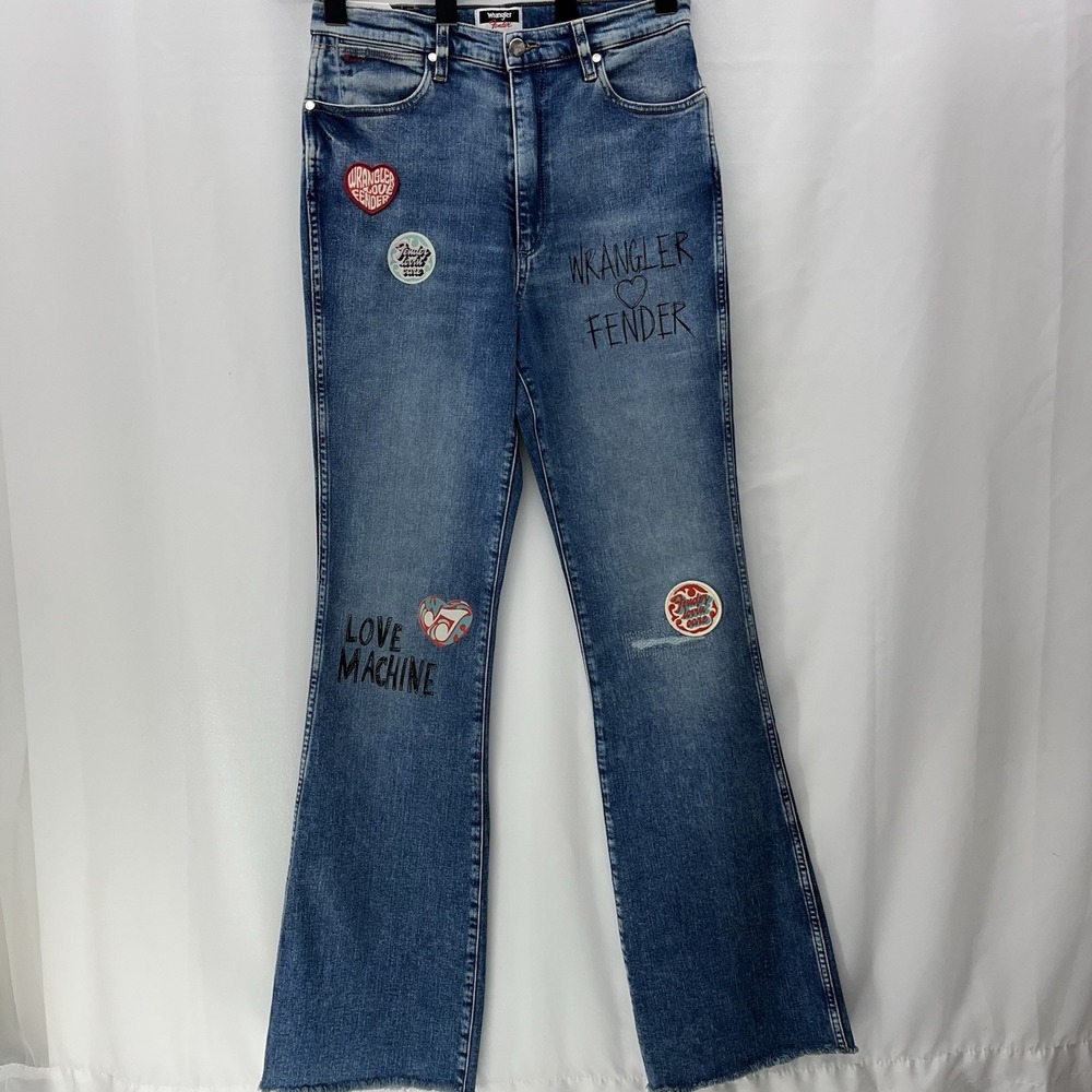 WRANGLER X FENDER Westward 626 High Rise Bootcut 30 X32 Rockstar Hippie Patches